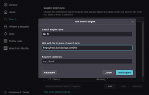 Configure No-AI DuckDuckGo as a new search engine
