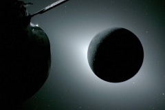 art002e009573 (April 6, 2026) - The Moon, seen here backlit by the Sun during a solar eclipse on April 6, 2026, is photographed by one of the cameras on the Orion spacecraft’s solar array wings. Orion is visible in the foreground on the left. Earth is reflecting sunlight at the left edge of the Moon, which is slightly brighter than the rest of the disk. The bright spot visible just below the Moon’s bottom right edge is Saturn. Beyond that, the bright spot at the right edge of the image is Mars. Credit: NASA